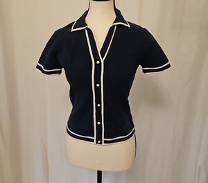 Bailey 44 Navy V-Neck Sweater with White Accents And Pearl Buttons, S